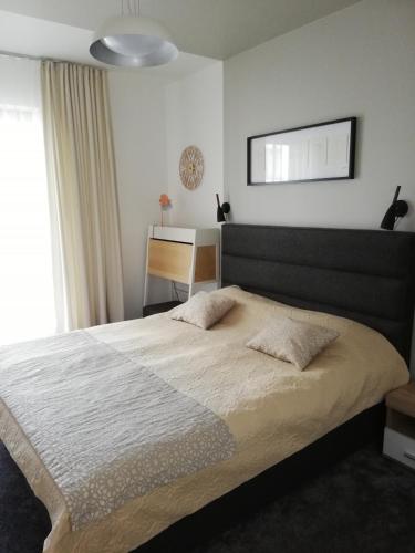 a bedroom with a large bed and a window at Art Academy Apartment in Tallinn