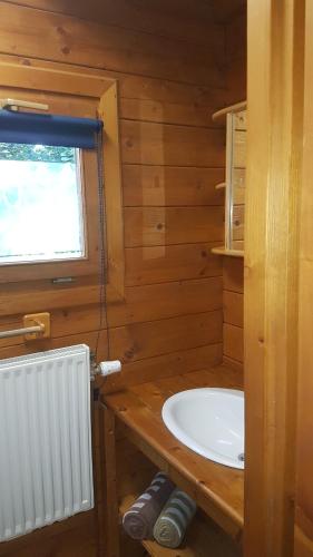 a bathroom with a white sink and a window at Chalet Domaine du Hulobiet in Fromelennes