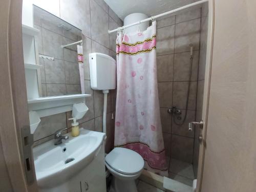 a bathroom with a pink shower curtain and a toilet at Konačište Dabić in Zlatibor