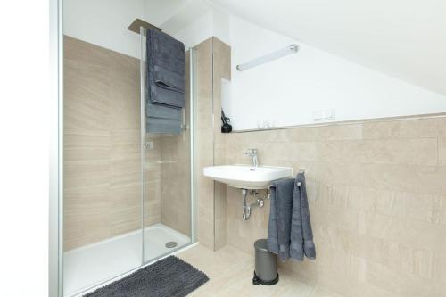 ein Bad mit einem Waschbecken und einer Dusche in der Unterkunft AMSTERDAM · CHILLINGHOUSE # 6, 3 Min. vom ICE, NETFLIX, Garten in Siegburg