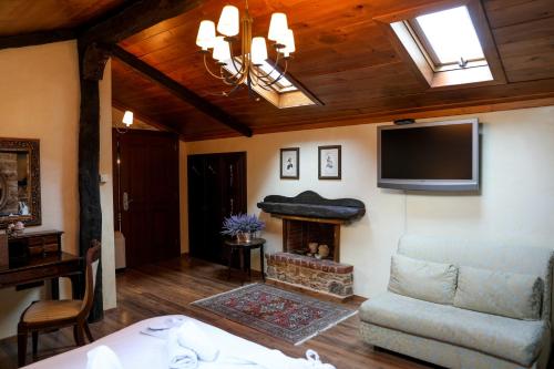 salon z kanapą, krzesłem i telewizorem w obiekcie Boutique Hotel Palea Poli w mieście Nausa