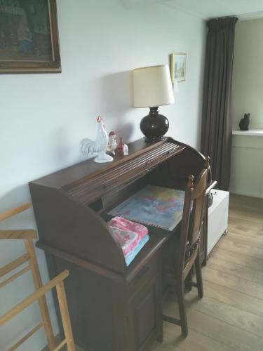 een piano in een kamer met een lamp en een stoel bij de Wielen in Schalkhaar