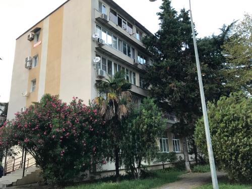 ソチにあるApartment 2 on Chaykovskogoの目の前に花の木が植えられたアパートメントビル