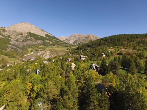 an aerial view of a valley with trees and mountains at Grand Chalet 15 personnes. Vue exceptionnelle . Plein sud in Allos