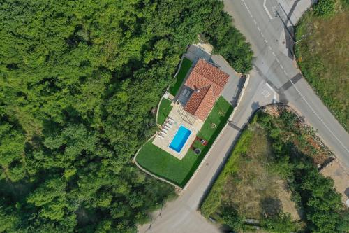an overhead view of a house with a blue pool at Villa Marko in Kras