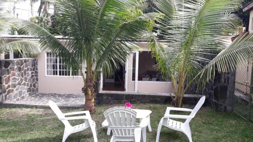 a group of white chairs and a palm tree at Whynot Mauritius in Grande Gaube