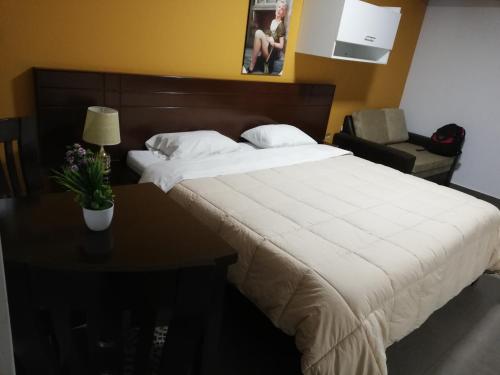 a hotel room with a bed and a table with a bed sidx sidx at Hotel Santa Maria in Ica