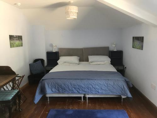 een slaapkamer met een groot bed met blauwe tapijten bij Pleck Barn B&B in Ansty