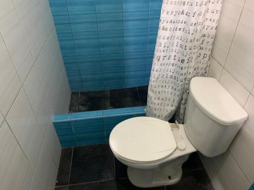a bathroom with a toilet and a shower curtain at Manantail Hotel No.003 in Puente Piedra