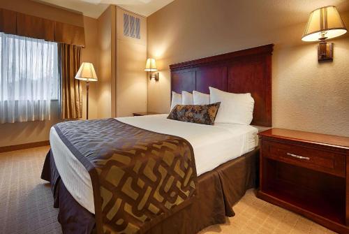 SandwichにあるMontcler Hotel & Conference Center, Trademark by Wyndhamの大型ベッドとナイトスタンド付きのホテルルームです。