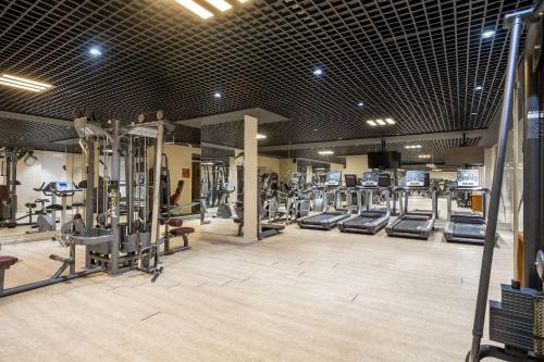 a gym with rows of treadmills and machines at Clarion Hotel Istanbul Mahmutbey in Istanbul