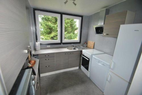 eine kleine Küche mit Spüle und Kühlschrank in der Unterkunft Haus Rehblick FeWo-OG-3 in Sankt Andreasberg