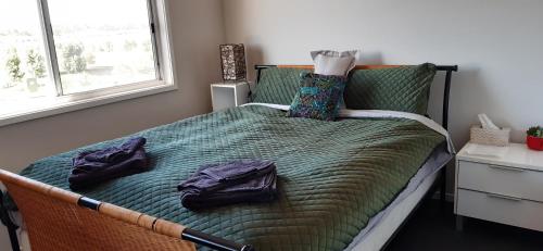 a bedroom with a bed with green sheets and pillows at Hampton Homestay in Palmview