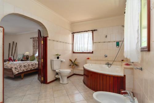a bathroom with a tub and a toilet and a sink at Carana Hilltop Villa Seychelles in Glacis