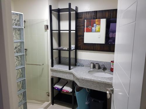La salle de bains est pourvue d'un lavabo et d'une douche. dans l'établissement Cucun's place, à Manille