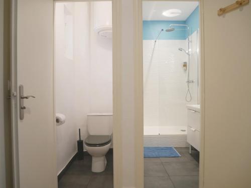 une salle de bain blanche avec toilettes et douche dans l'établissement Appartement écologique - Proche Métro Charpennes, à Villeurbanne