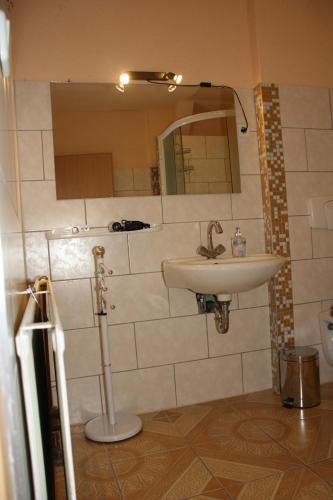 a bathroom with a sink and a mirror at Hüblers-Schlafquartier in Fürstenwalde