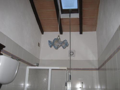 a bathroom with a butterfly decoration hanging from the ceiling at Agriturismo Santa Maria in Torrita di Siena