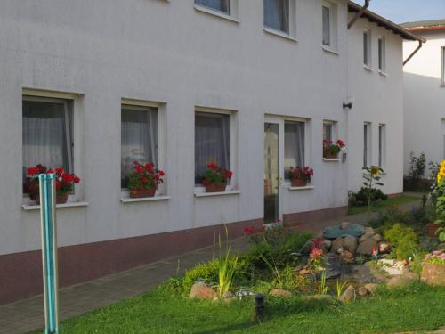 a white building with flowers in the windows at Pension Barghus in Zinnowitz