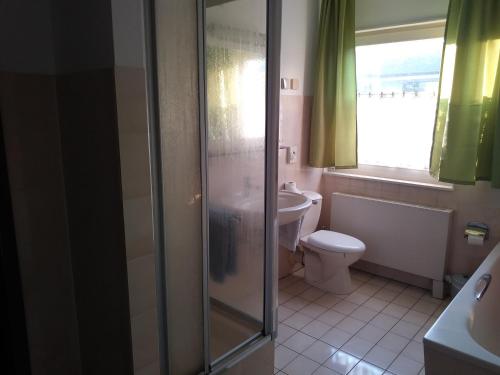 a bathroom with a shower and a toilet and a window at Gäste Monteurzimmer Haus Südstadt in Solingen