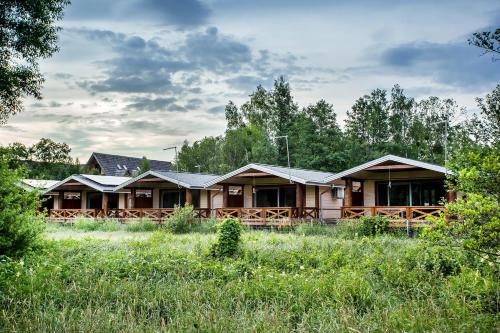 a row of wooden houses in a field at Bliżej Natury in Białowieża