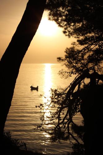 a person in a boat on the water at sunset at Apartments Mateljak in Gradac