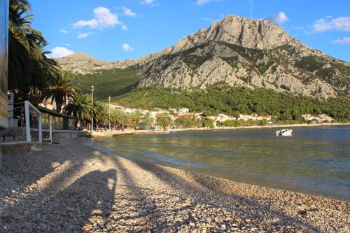 a view of a beach with a mountain in the background at Apartments Mateljak in Gradac
