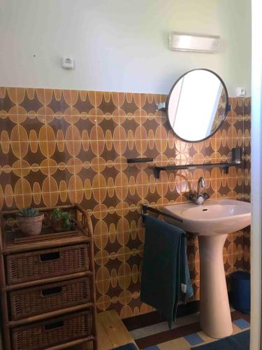 a bathroom with a sink and a mirror at MAISON A LA CAMPAGNE PROCHE BAIE DE SOMME in Arrest