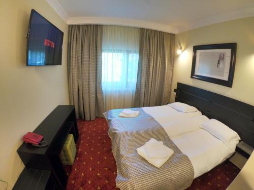 a hotel room with a bed and a television at Casa Bucovineana in Suceava