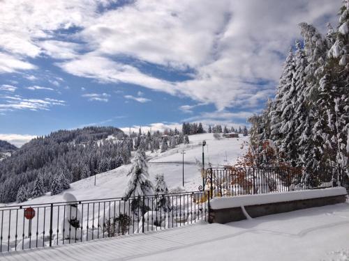 a view of a snow covered mountain with a fence at Alice in Castello Tesino