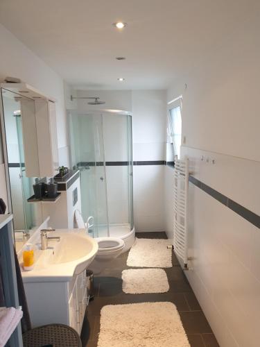 a bathroom with a sink and a toilet and a shower at Wohnung, Zimmer in Frankfurt Flughafen zu vermieten in Mörfelden-Walldorf