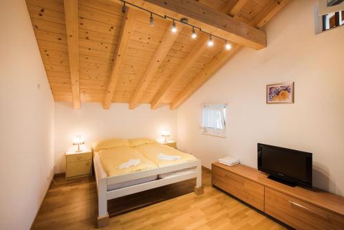 a bedroom with a bed and a flat screen tv at Bellavista in Brienz