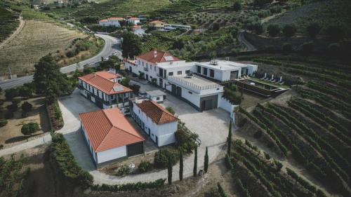 an aerial view of a house in a vineyard at Casal dos Capelinhos - Douro in Santa Marta de Penaguião