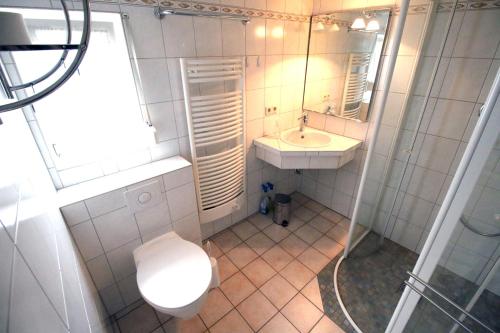 y baño con aseo, lavabo y ducha. en Ferienhaus Winterberg-Zentrum, en Winterberg