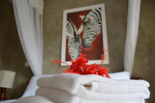 a person holding a towel with a picture of zebras at Amani Residence Beverly Suites in Malindi