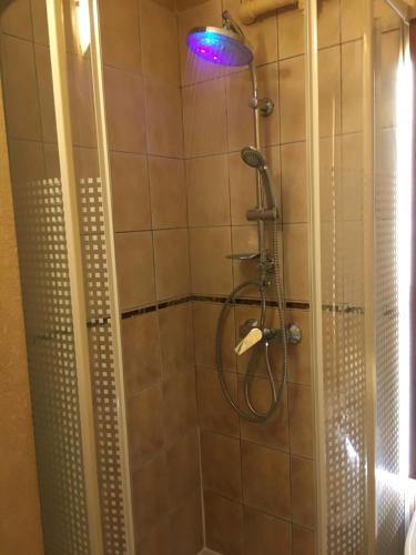 a shower with a shower head in a bathroom at Kwatera Jolanta in Ełk