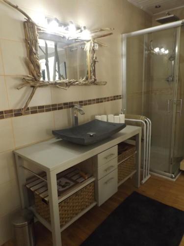 a bathroom with a sink and a shower at Gite les bois 2 in Gignac