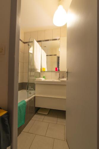 une salle de bain avec un lavabo, une douche et un miroir dans l'établissement APPARTEMENT LE VITAMINE - topbnb dijon, à Dijon