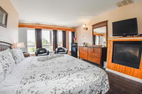 a bedroom with a bed and a flat screen tv at Auberge Hotel Spa Watel in Sainte-Agathe-des-Monts