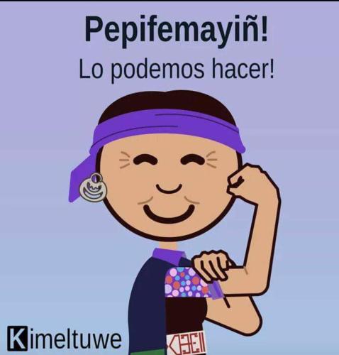 a cartoon of a woman wearing a purple head band at Cabañas Rukas Licantén in Licantén
