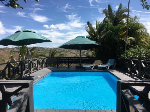 a swimming pool with two umbrellas and a swimming poolvisor at Villa La Loma in Concepción de La Vega