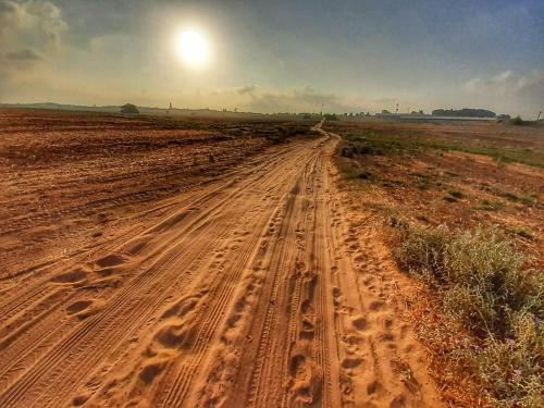 a dirt road in the middle of a field at kibbutz hatzor A room close to Ashdod in H̱aẕor Ashdod