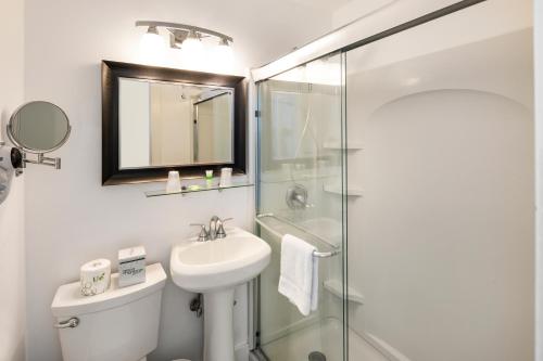 uma casa de banho com um WC, um lavatório e um chuveiro em Penguin Hotel em Miami Beach