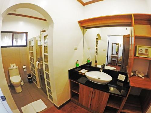 ein Bad mit einem Waschbecken und einem WC in der Unterkunft Pura Vida Beach & Dive Resort in Dauin