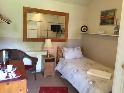 1 dormitorio con cama, escritorio y espejo en RolandsCroft Guest House, en Pontefract