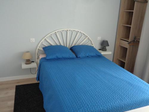sypialnia z niebieskim łóżkiem i 2 niebieskimi poduszkami w obiekcie Appartement indépendant LE PANASSA, Centre ville, Garage privé w mieście Saint-Étienne