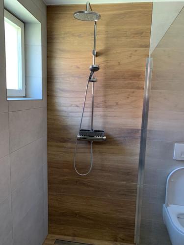 y baño con ducha y pared de madera. en Urlaub im Weingarten, en Winten
