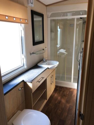 a bathroom with a toilet and a sink and a shower at Gold Standard Caravan on South View Park in Skegness