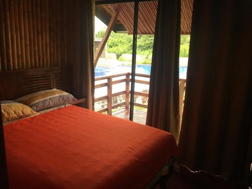 a bedroom with a bed and a view of a pool at Vistapaloma beach resort in Odiong