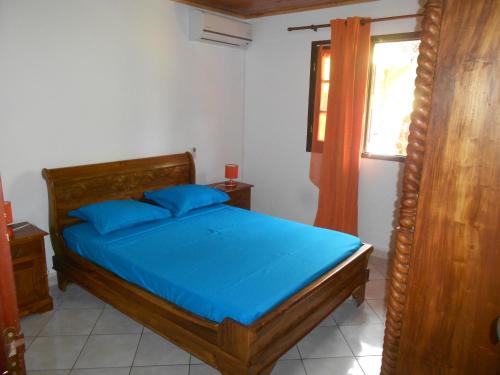 Schlafzimmer mit einem Bett mit blauer Bettwäsche und einem Fenster in der Unterkunft CHEZ JACQUELIN ET DORLYS in Saint-André